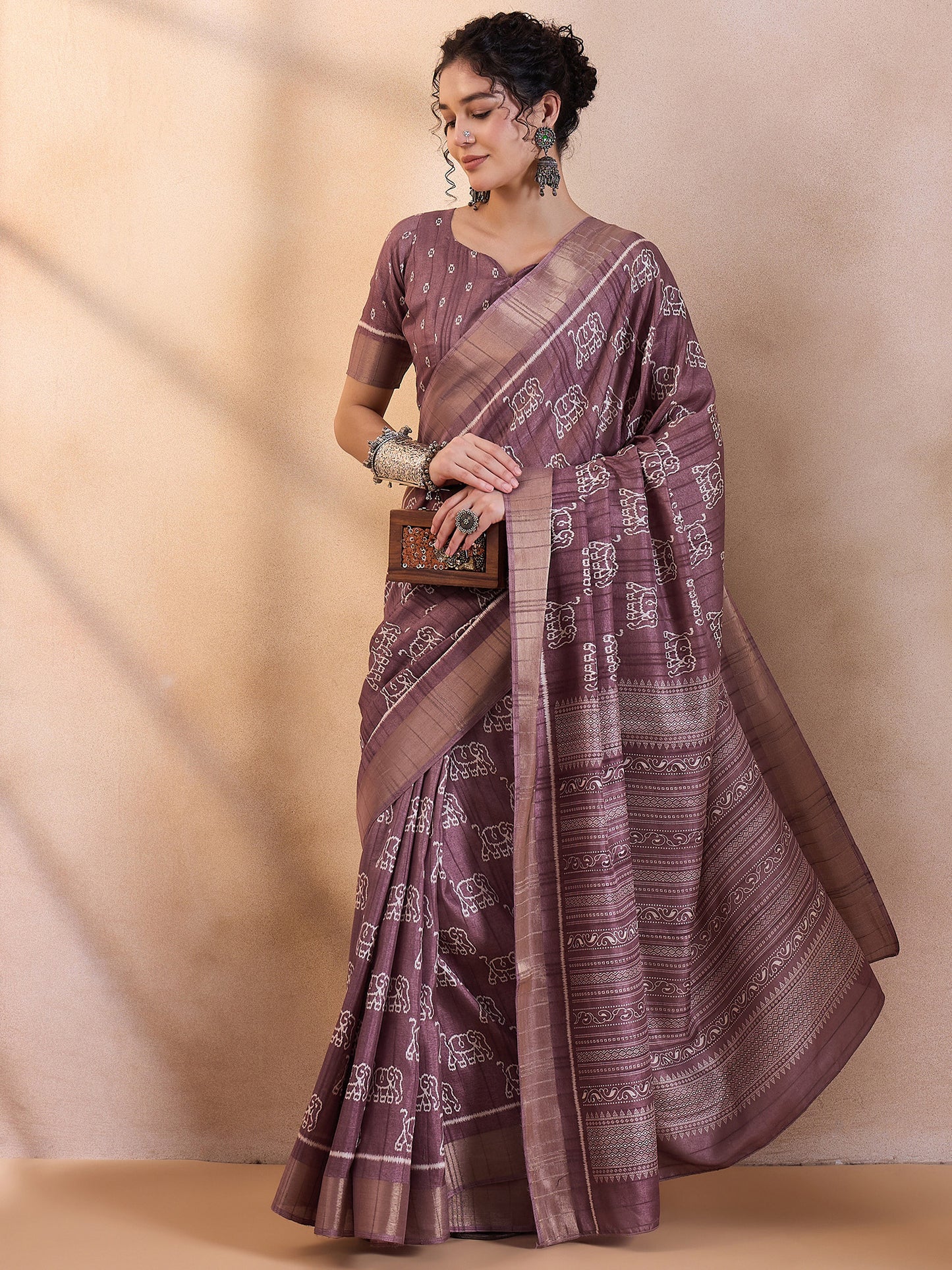 Women's Silk Blend Mauve Printed Designer Saree With Blouse Piece