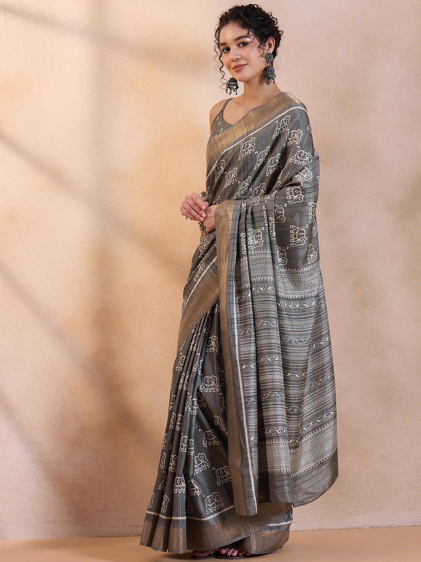 Women's Silk Blend Grey Printed Designer Saree With Blouse Piece