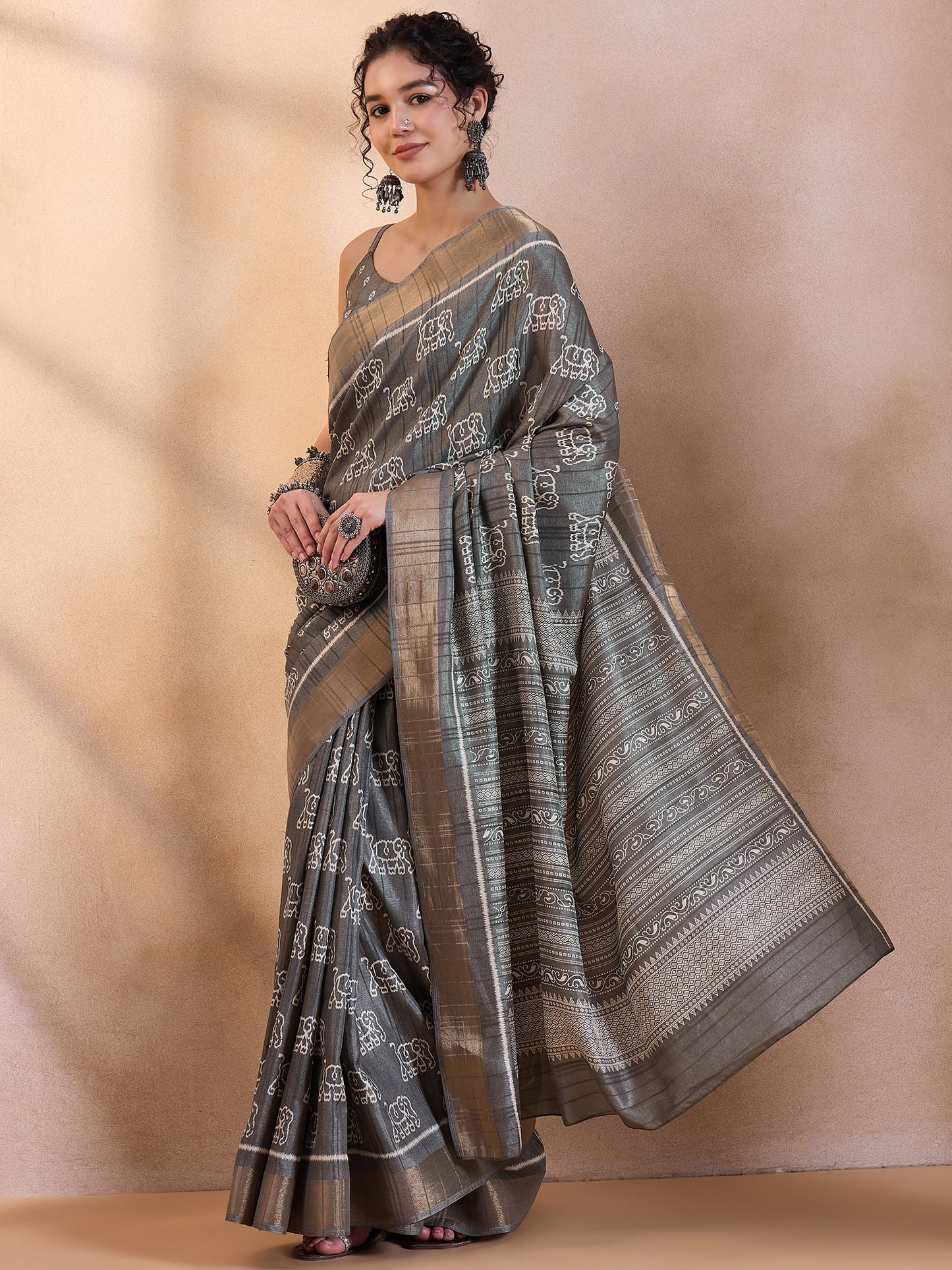 Women's Silk Blend Grey Printed Designer Saree With Blouse Piece