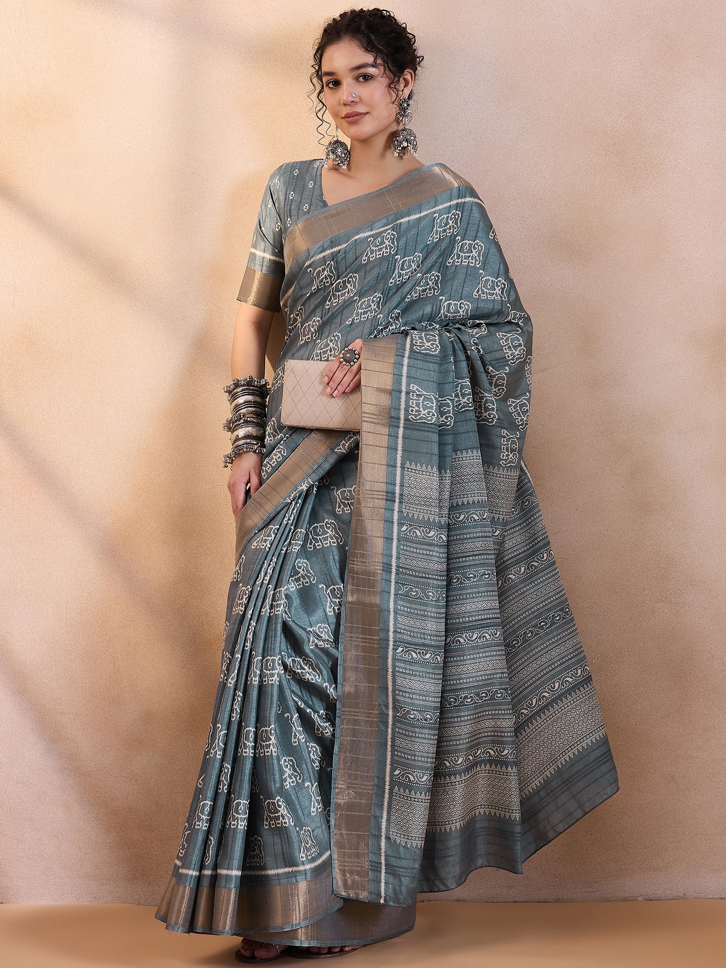 Women's Silk Blend Sea Green Printed Designer Saree With Blouse Piece