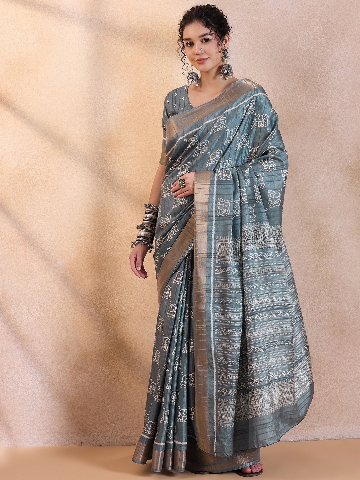 Women's Silk Blend Sea Green Printed Designer Saree With Blouse Piece