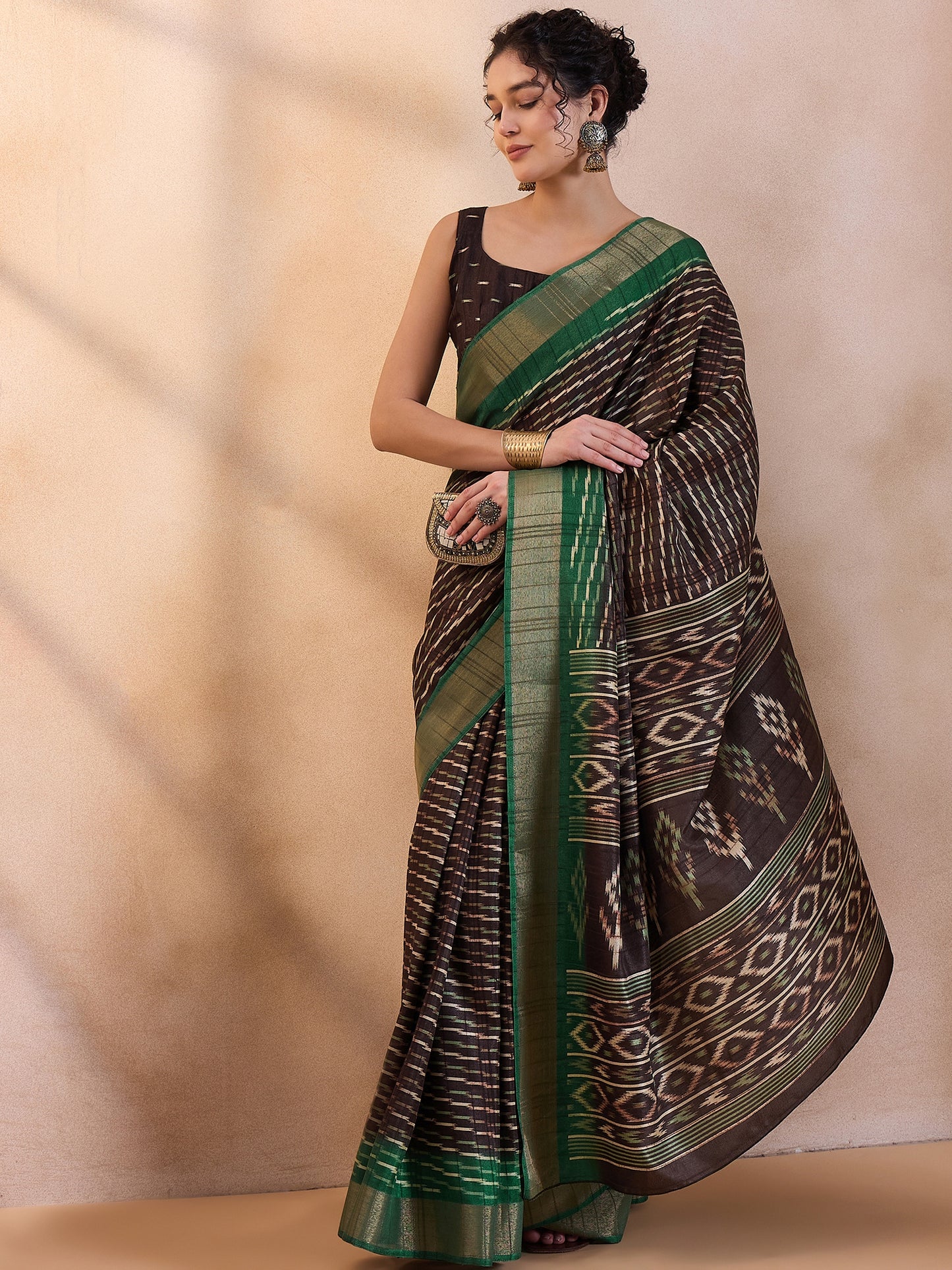 Women's Silk Blend Brown Printed Designer Saree With Blouse Piece