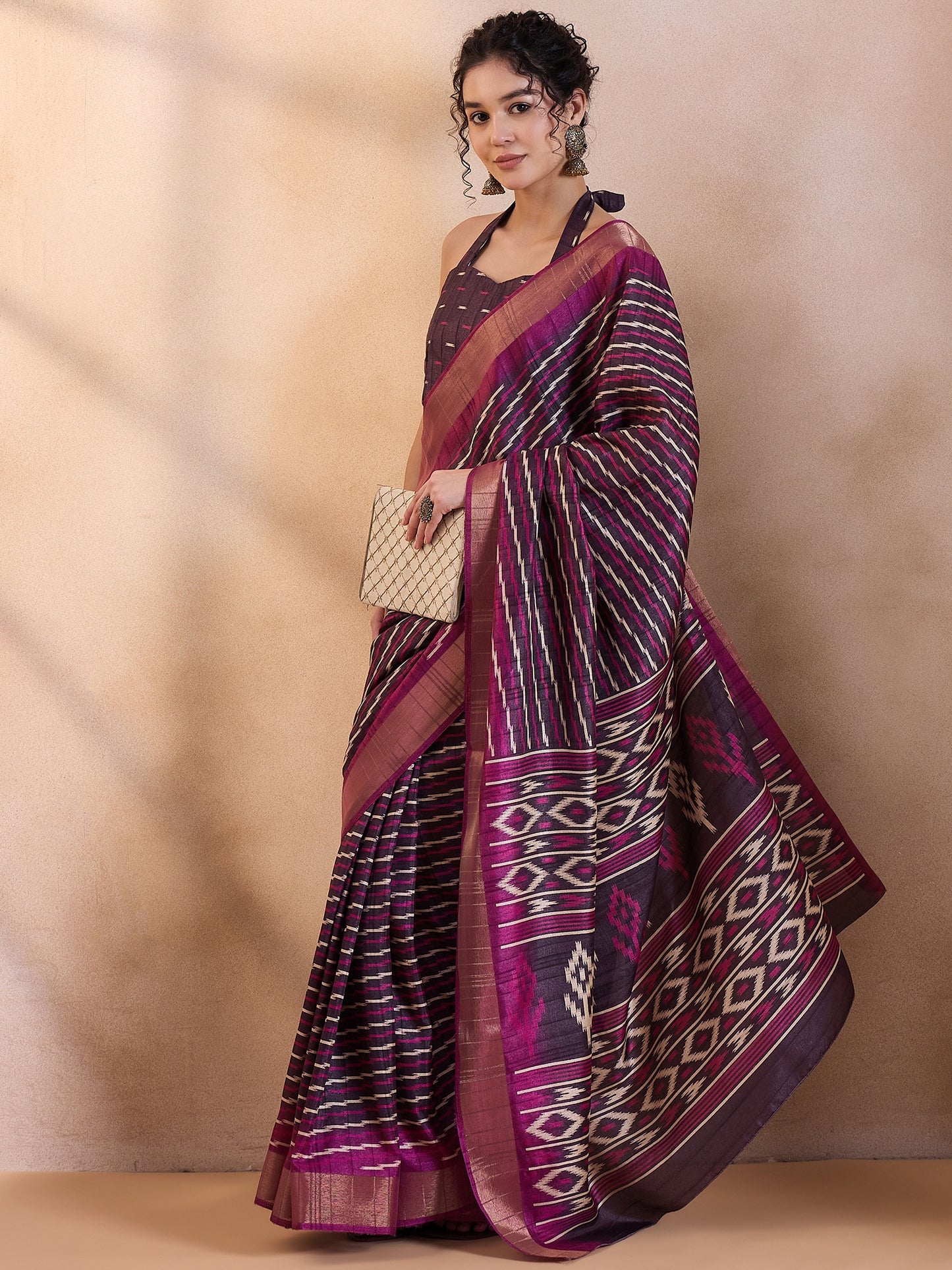 Women's Silk Blend Magenta Printed Designer Saree With Blouse Piece
