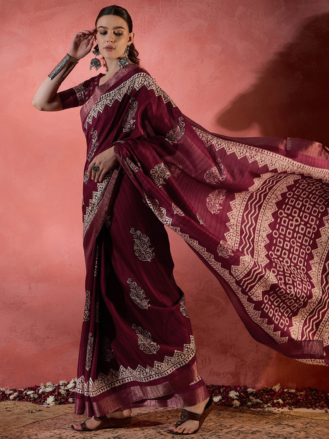 Women's Silk Blend Burgundy Printed Designer Saree With Blouse Piece