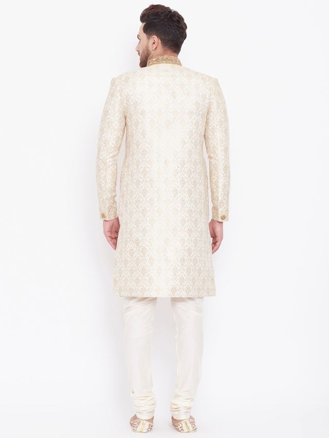 Men's Beige And Gold Silk Blend Straight Sherwani Set