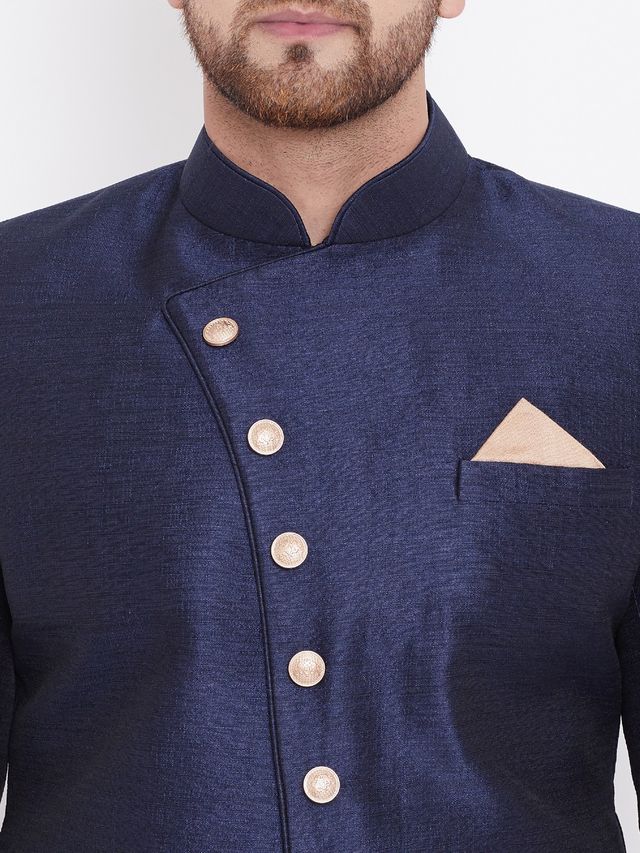 Men's Navy Blue Silk Blend Straight Sherwani Set