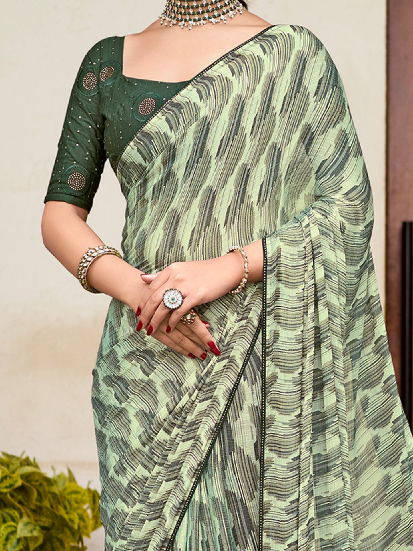 Women's Chiffon Light Green Printed Designer Saree With Blouse Piece