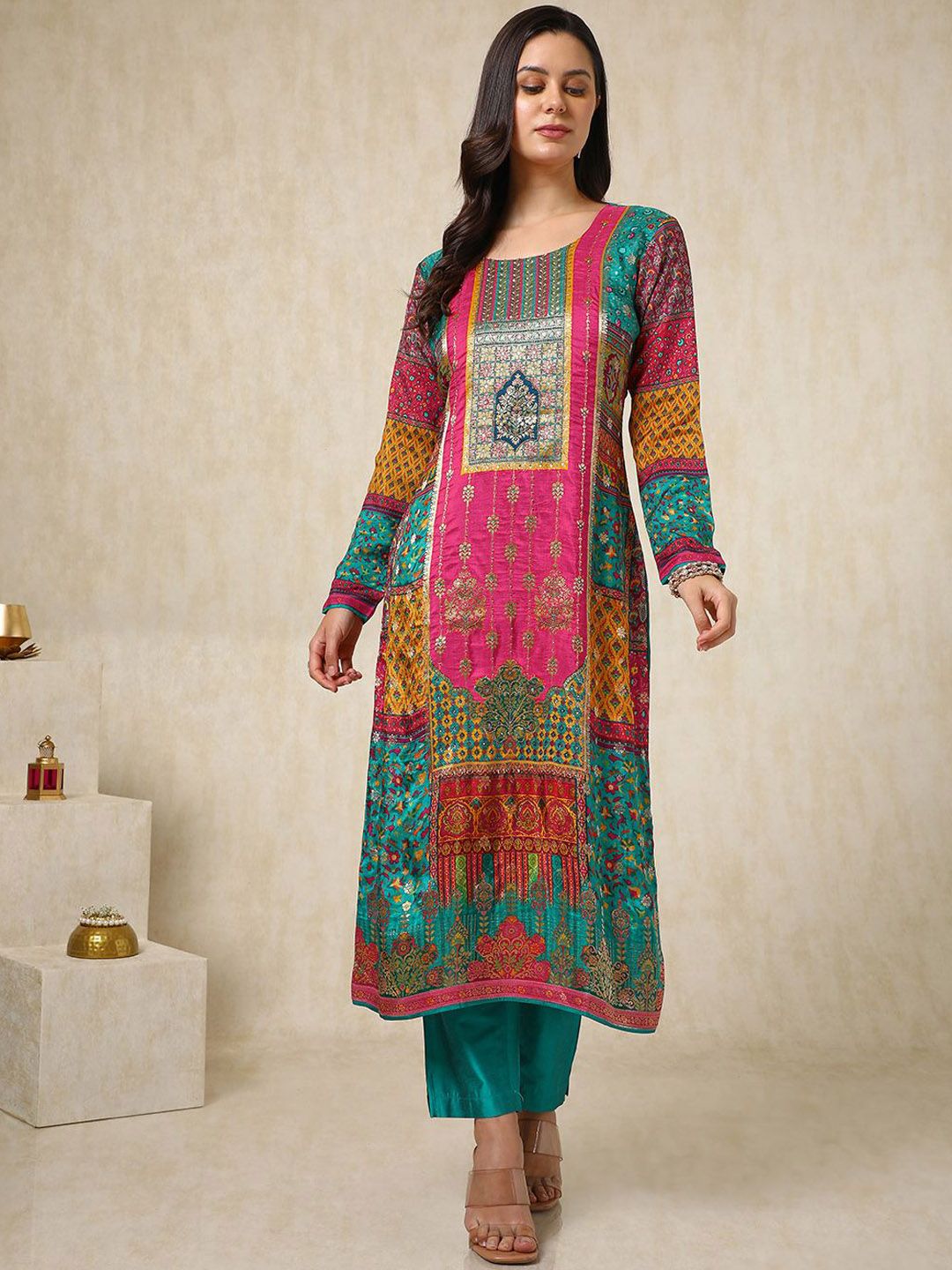 Dhiyona SO Women's Ethnic Motifs Printed Mirror Work Straight Kurta with Trousers & Dupatta
