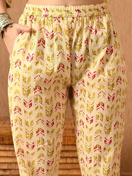 Women's Floral Printed Regular Thread Work Pure Cotton Kurta with Trousers & With Dupatta