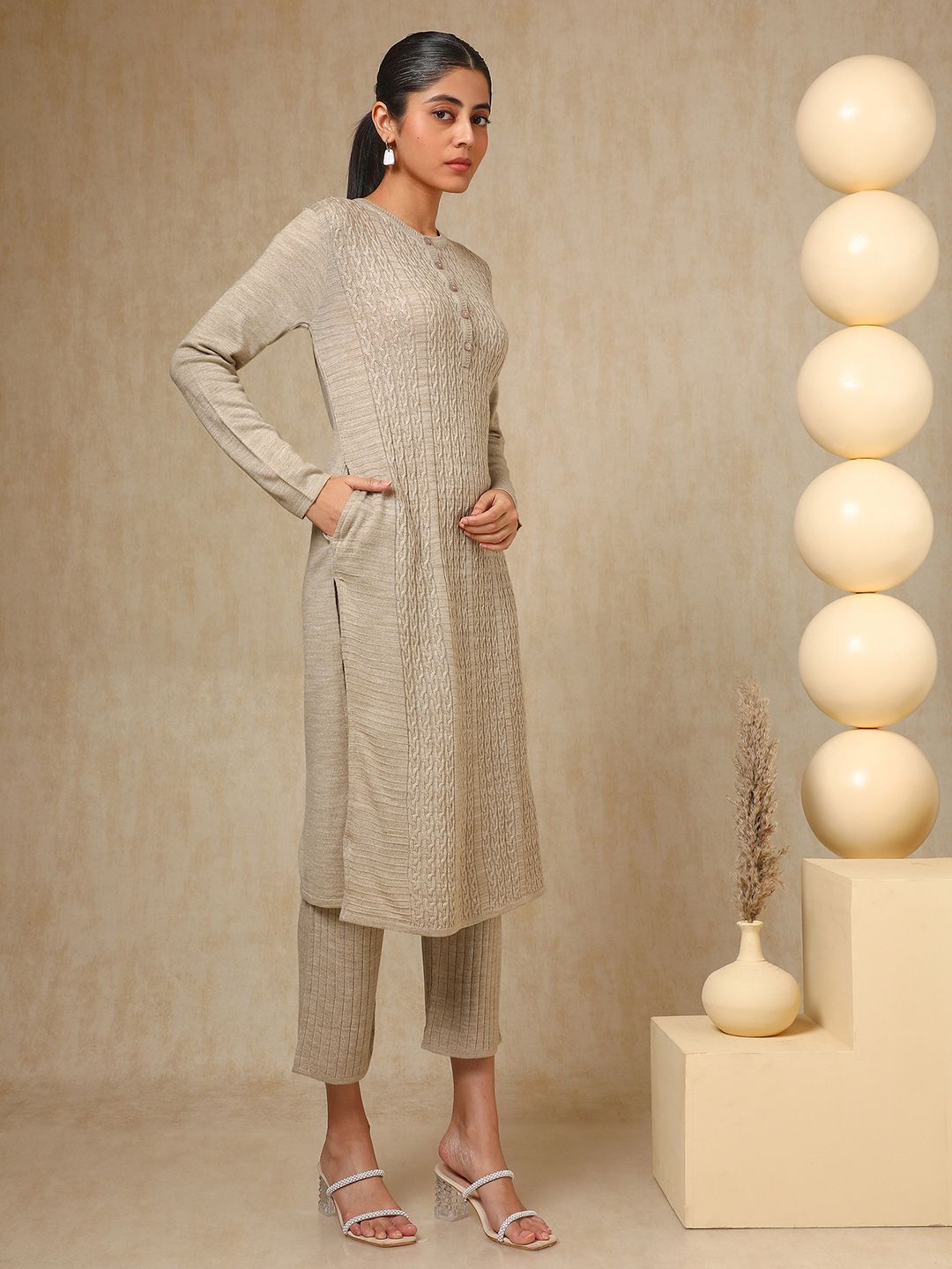 Dhiyona SO Women's Beige Geometric Woven Design Acrylic Straight Kurta With Trouser