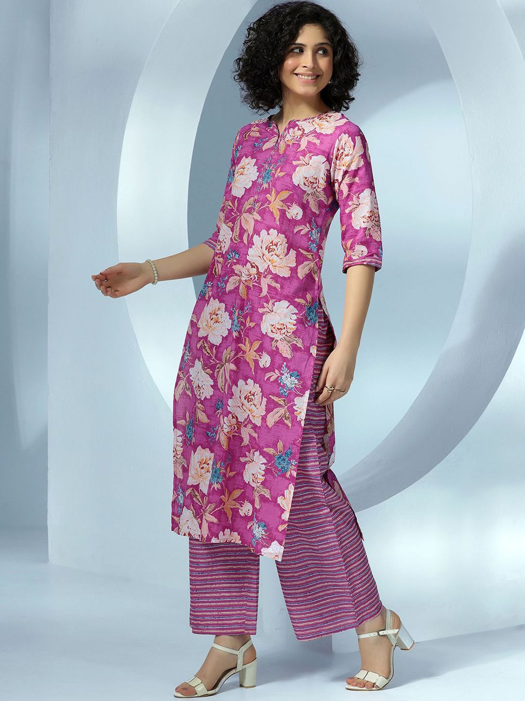 Dhiyona LB Women's Women Floral Printed Regular Pure Cotton Kurta with Palazzos & With Dupatta