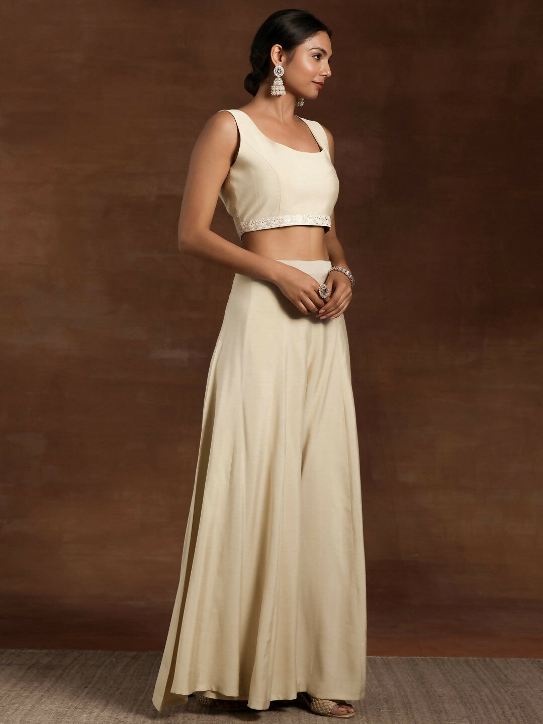 Women's LB Art Beige Solid Silk Blend Co-Ords