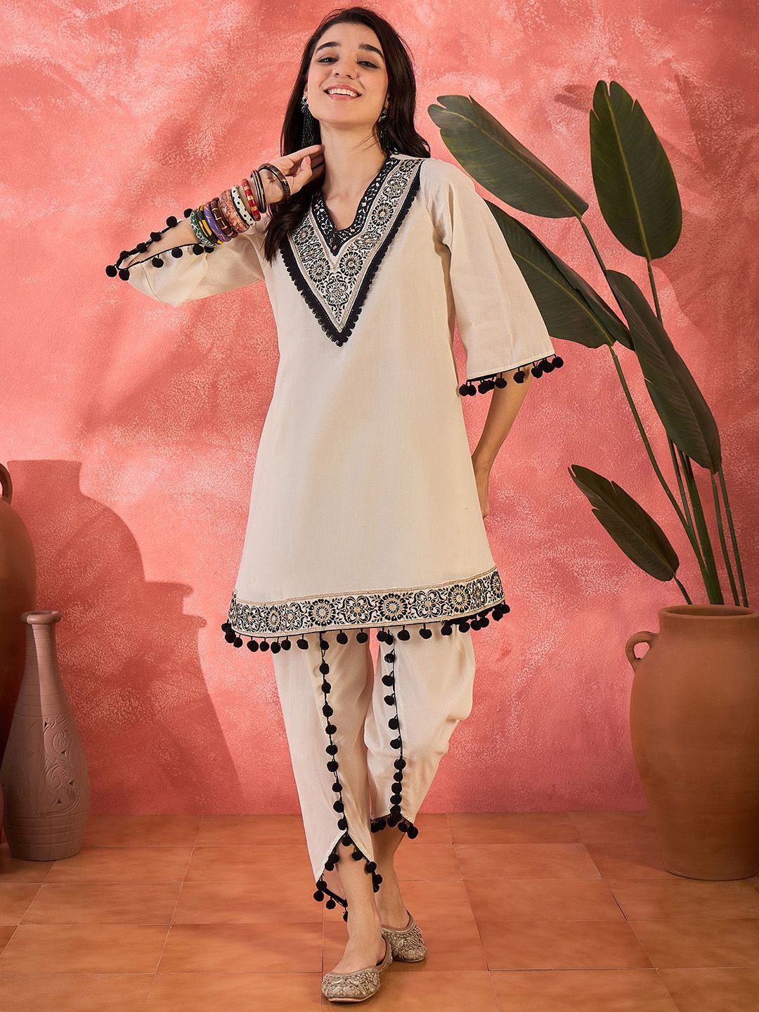 Dhiyona SN Women's Floral Embroidered V-Neck A-Line Kurta With Dhoti Pant & Bag