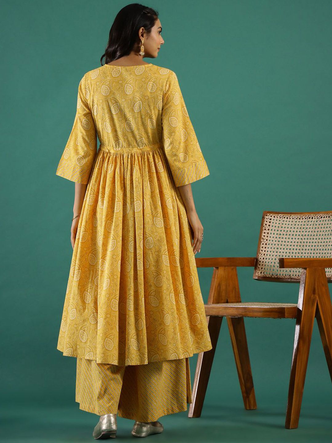 Dhiyona SN Women's Yellow Bandhani Printed Notch Neck Empire Anarkali Pure Cotton Kurta With Palazzos