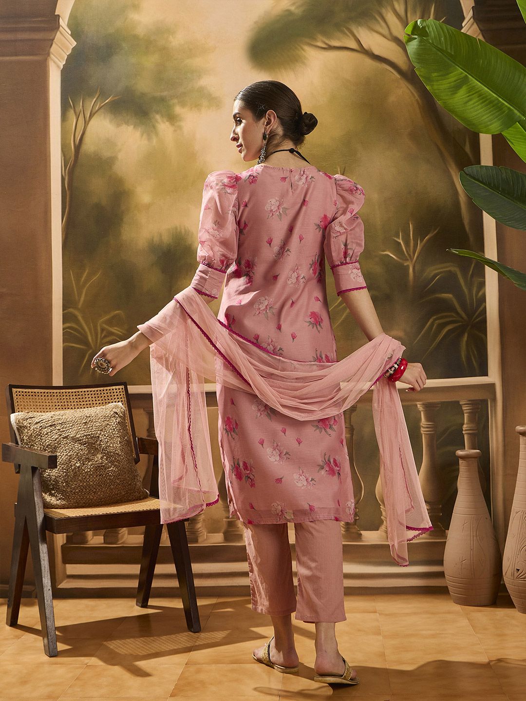 Dhiyona SN Women's Floral Printed Puffed Sleeves Chanderi Silk Straight Kurta With Trousers & Dupatta