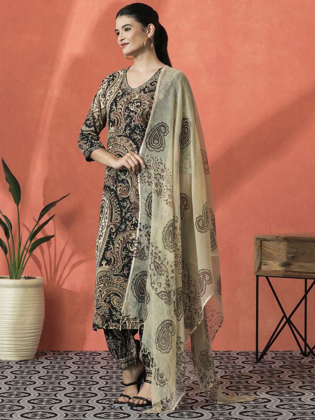 Dhiyona SN Women's Paisley Printed V-Neck Beaded Pure Cotton Straight Kurta With Salwar And Dupatta