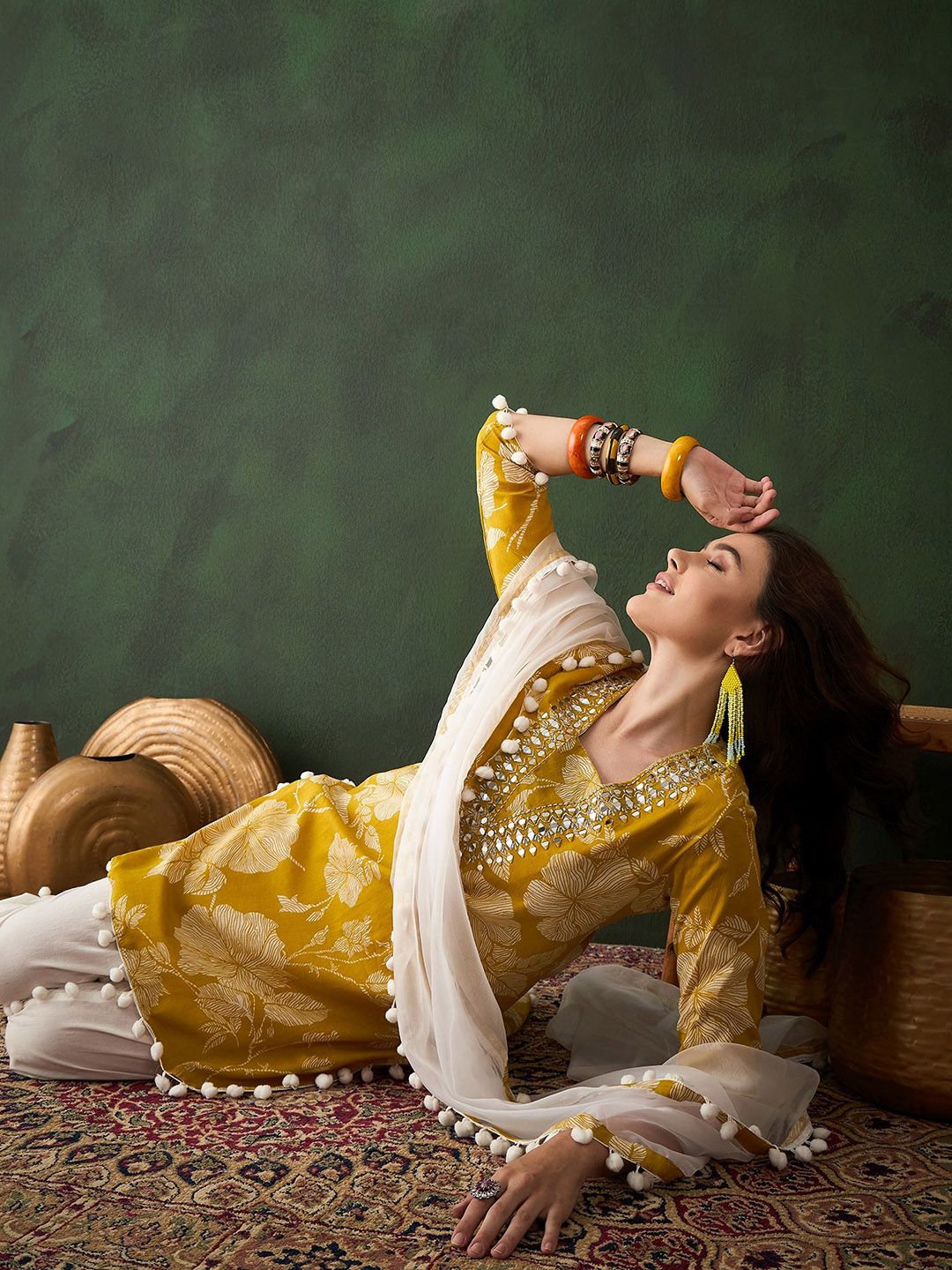 Dhiyona SN Women's Blue Floral Printed Mirror Work Pure Cotton Kurta With Dhoti Pant & Dupatta