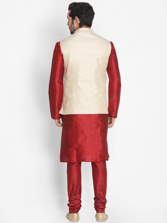 Men's Maroon Silk Blend Straight Jacket Kurta and Pyjama Set