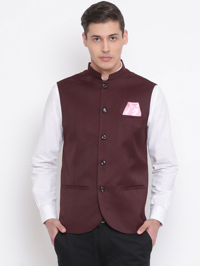 Men's Maroon Cotton Silk Straight Nehru Jacket