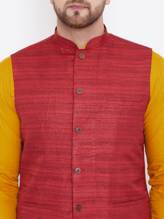 Men's Mustard Cotton Blend Straight Jacket Kurta and Pyjama Set