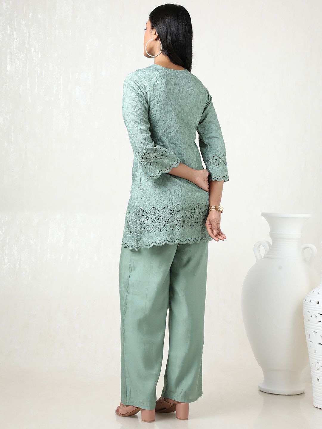 Dhiyona SO Women's Women Embroidered Angrakha Mirror Work Kurta with Palazzos