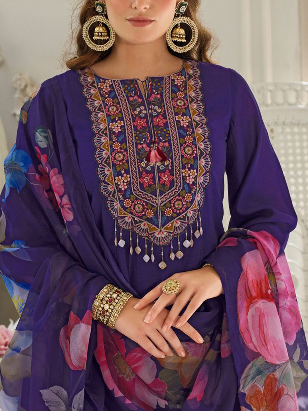 Floral Embroidered Regular Sequinned Kurta With Trousers & Dupatta