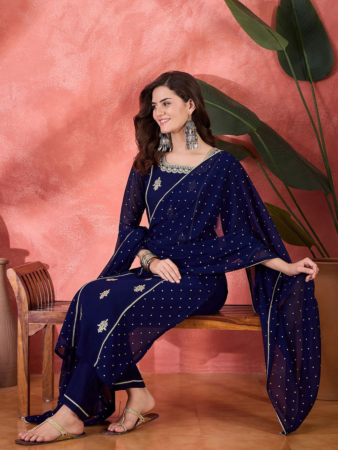 Dhiyona SN Women's Zari Sequence Thread Embroidered Straight Kurta With Trousers & Dupatta