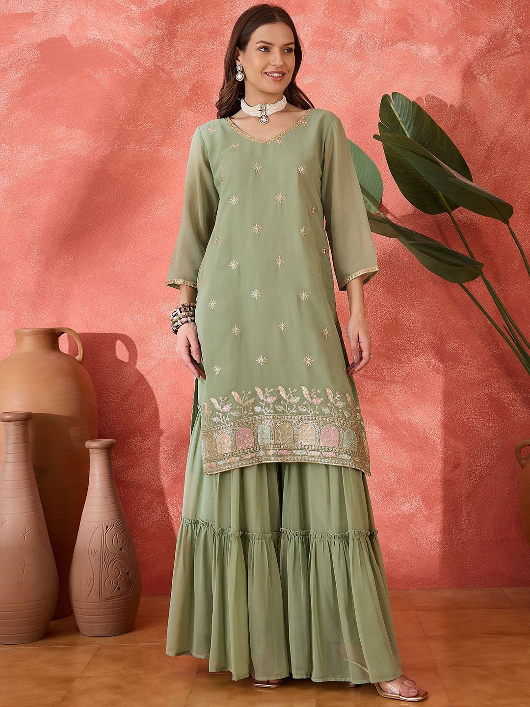 Dhiyona SN Women's Ethnic Motifs Embroidered V-Neck Kurta & Sharara With Dupatta