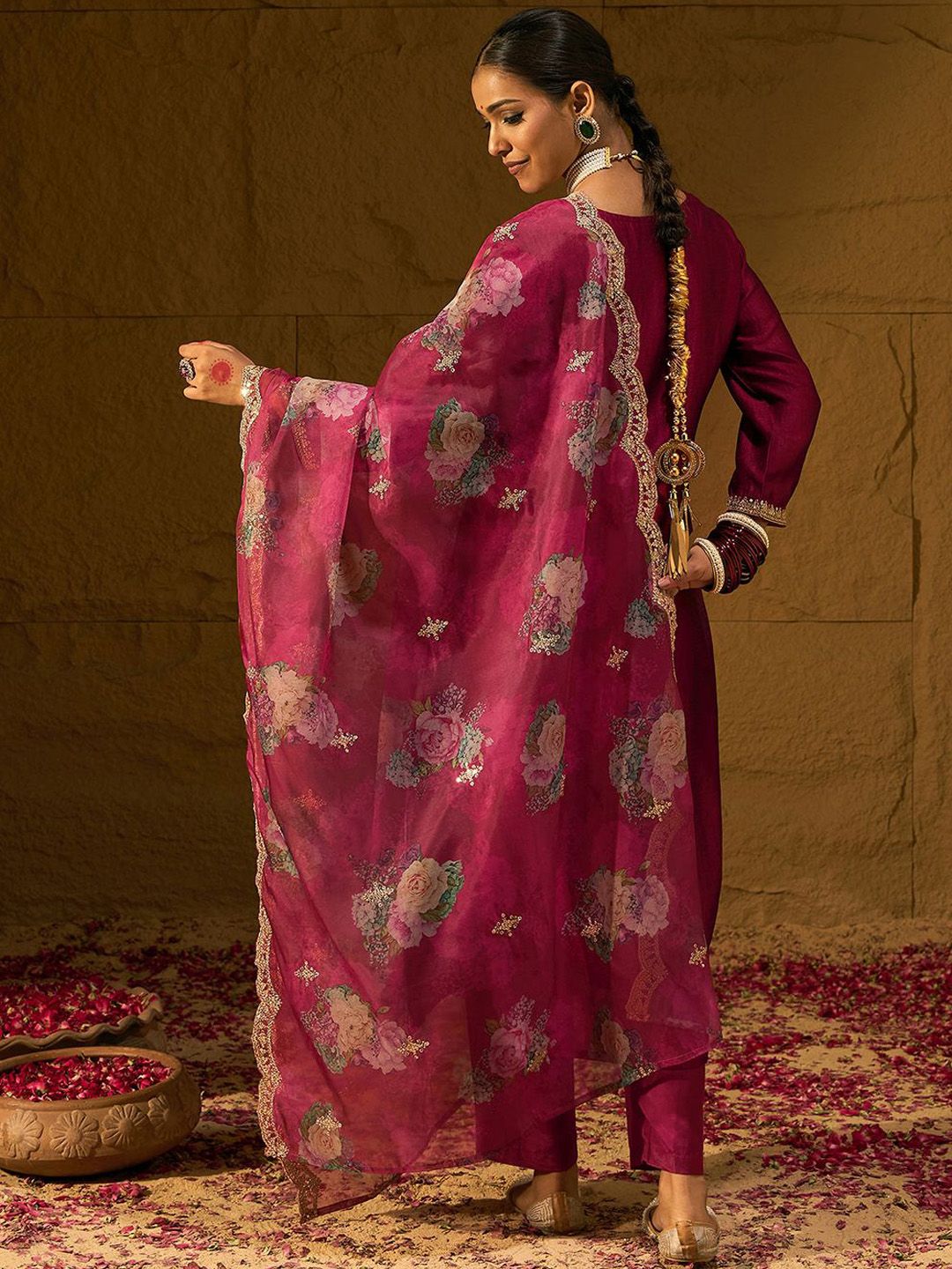 Dhiyona IE Floral Embroidered Straight Kurta with Trousers & Dupatta