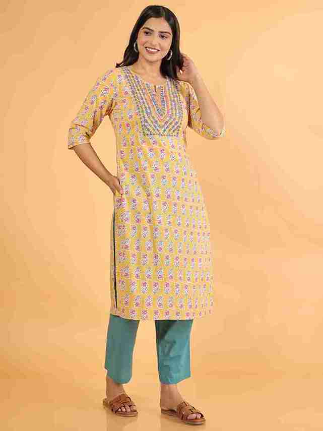 Women's Cotton Yellow Straight Kurta