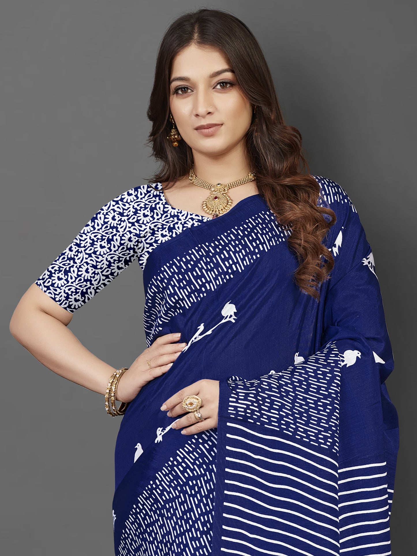Women's Dola Silk Blue Printed Designer Saree With Blouse Piece