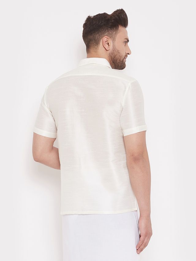 Men's Cream Silk Blend Straight Ethnic Shirt