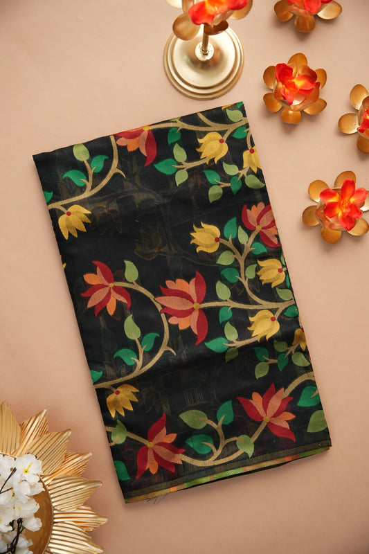 Dhiyona GR Women's Ghazal Classic Couture Black Cotton Jamdani Saree