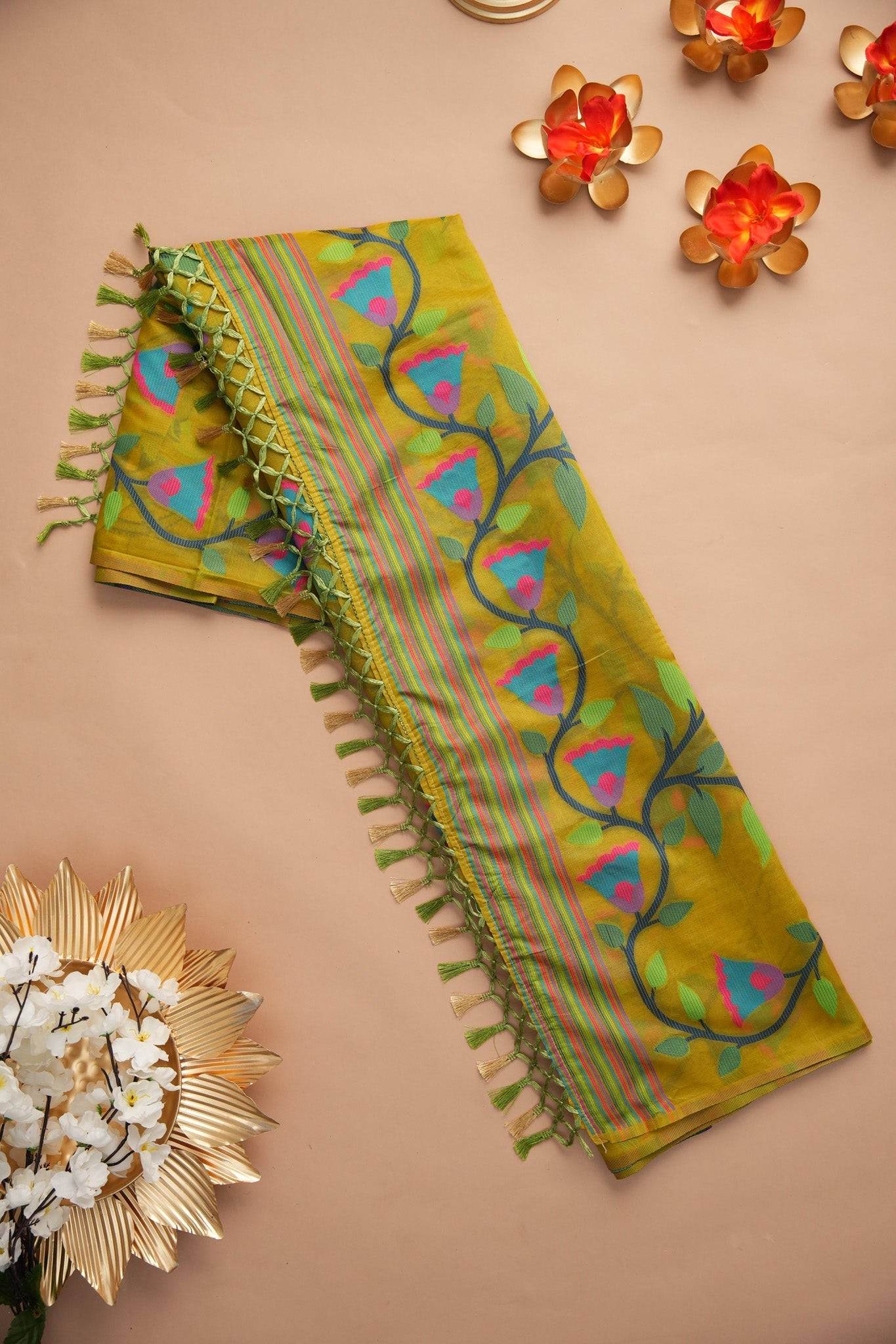 Dhiyona GR Women's Kora Silk Olive Green Organza Jamdani Saree