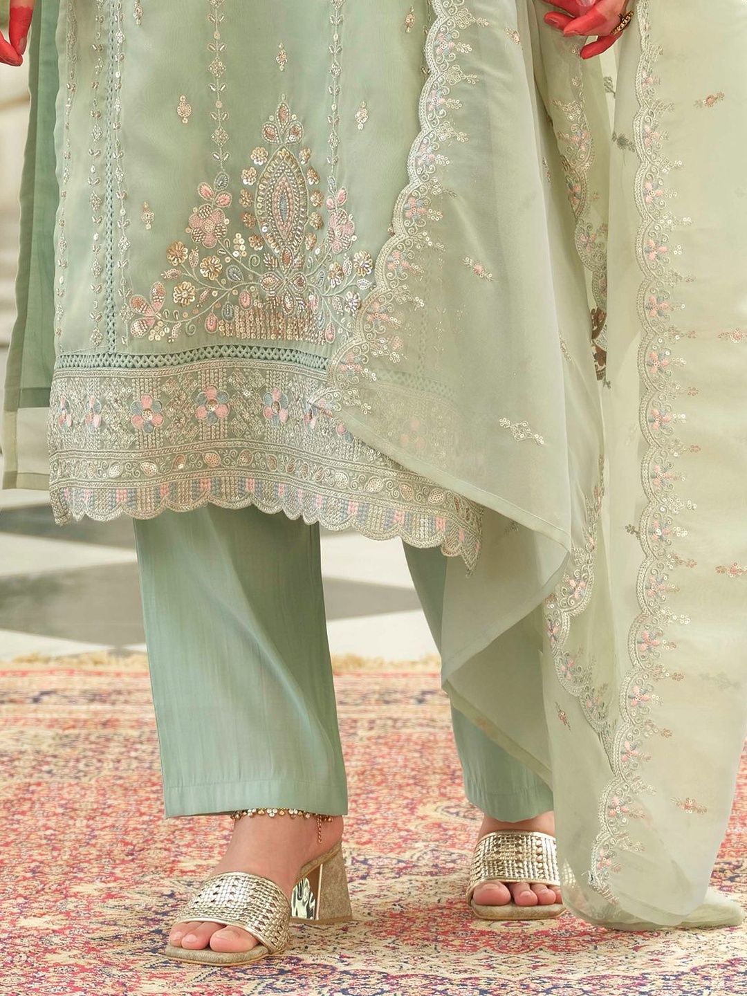 Ethnic Motifs Embroidered Round Neck Straight Kurta With Trousers & Dupatta