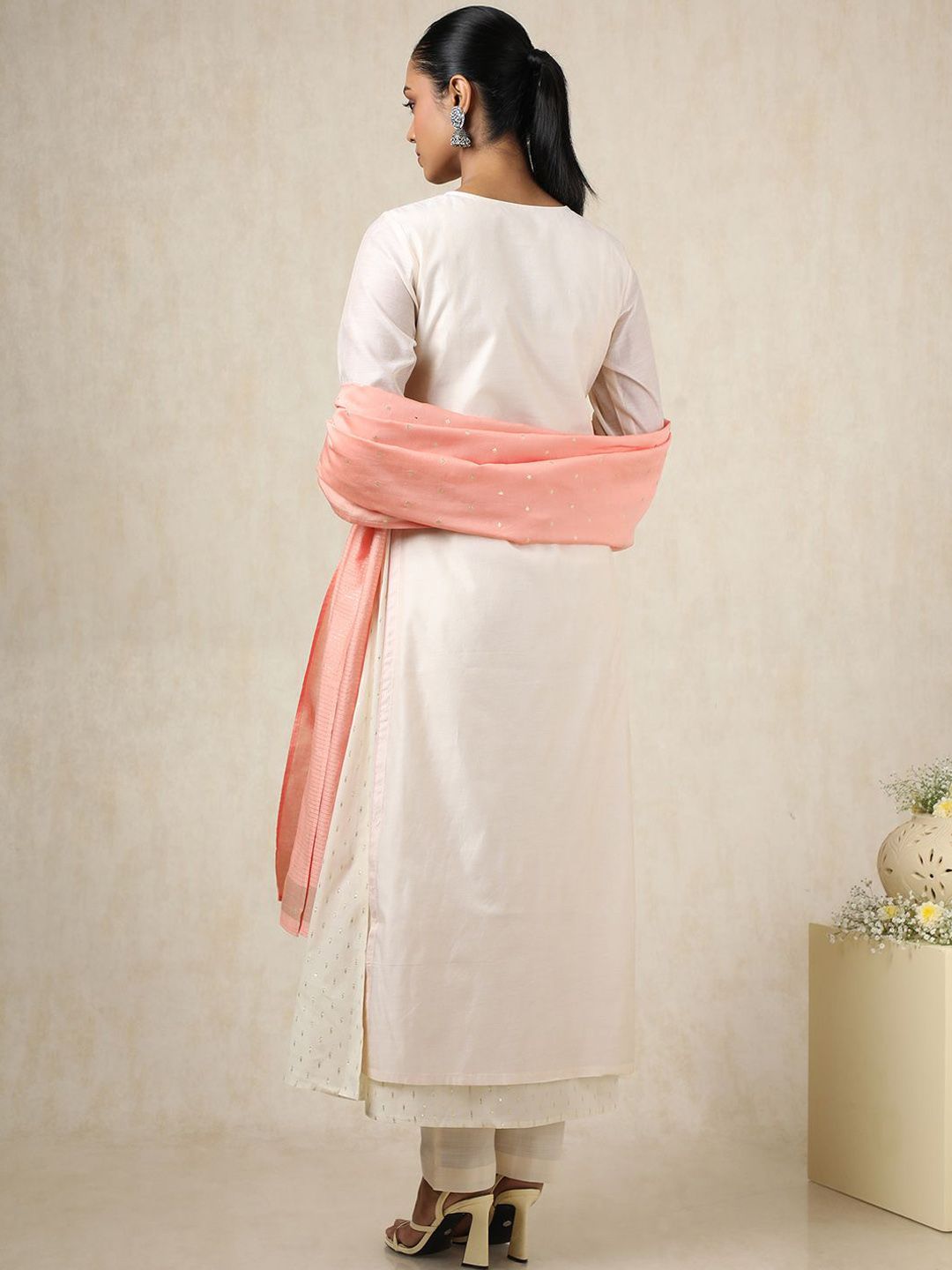 Dhiyona SO Women's Alina Cut Floral Embroidered Thread Work Chanderi Silk A-Line Kurta With Trousers