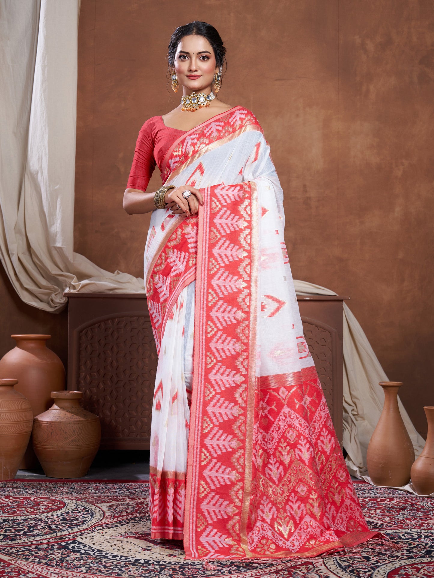 Dhiyona GR Women's Red & White Chanderi Cotton Saree For Durga Puja