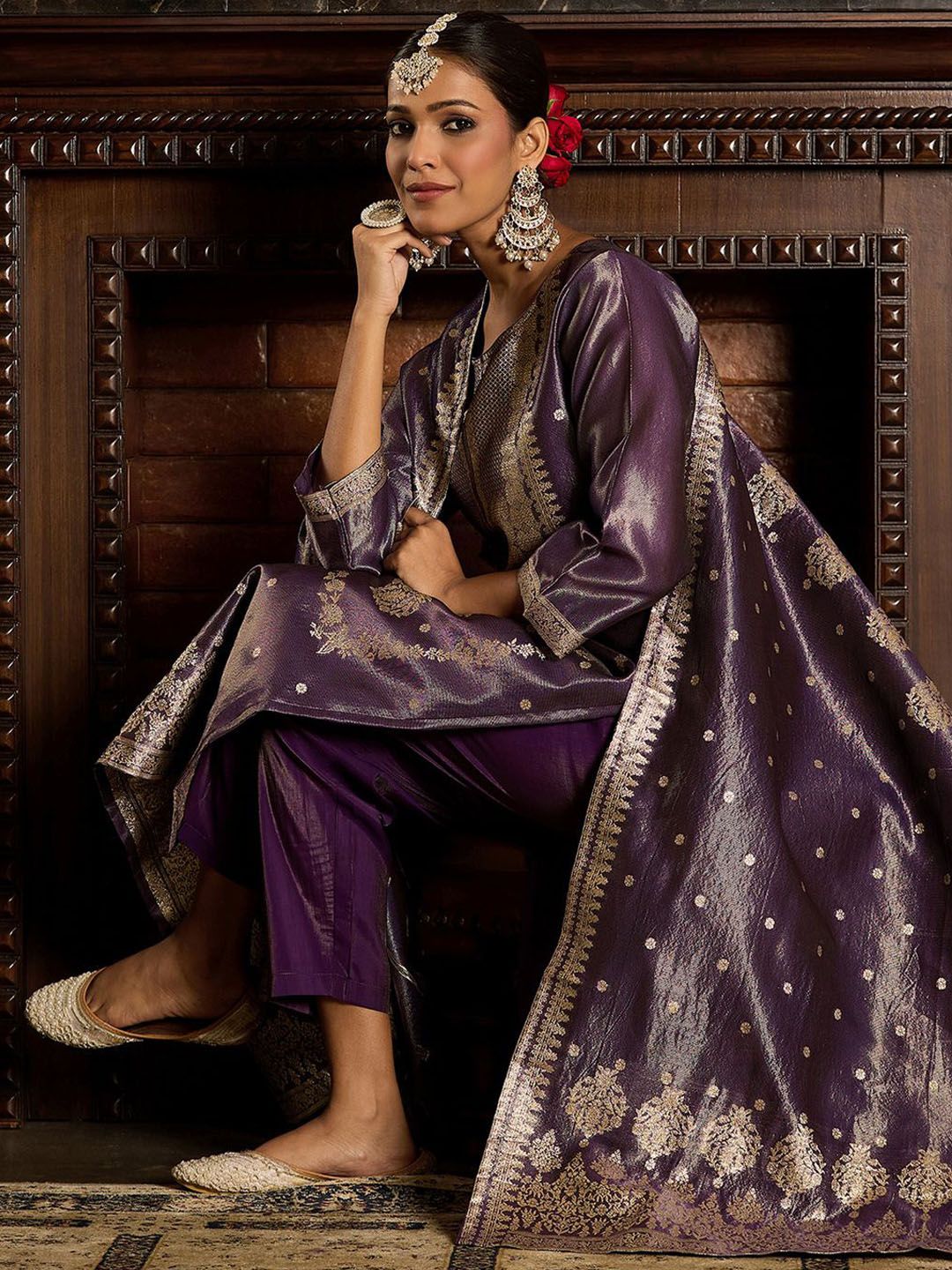 Ethnic Motifs Woven Design Zari Straight Kurta With Trousers & Dupatta