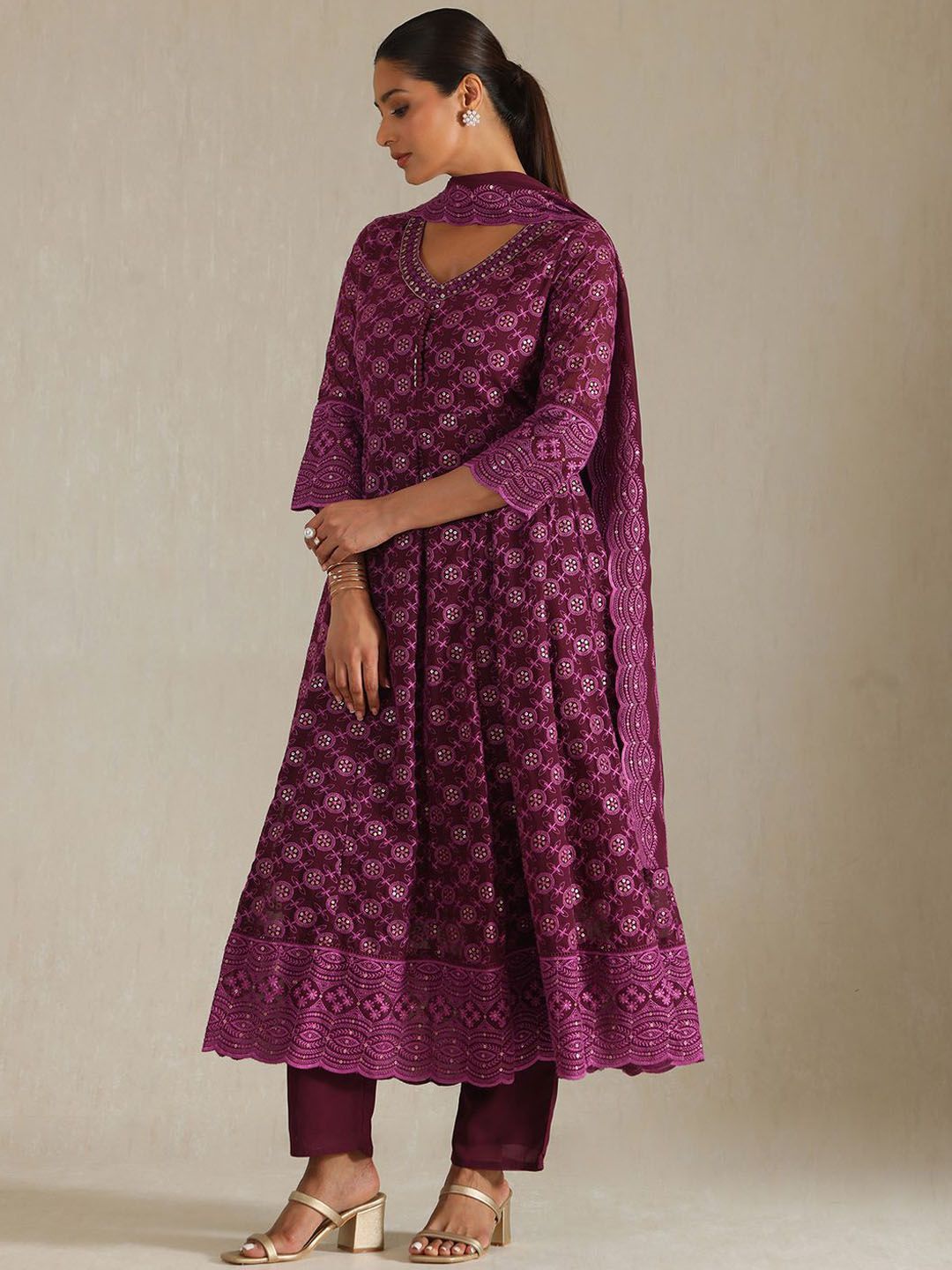 Dhiyona SO Women's Geometric Embroidered Thread Work Georgette Anarkali Kurta With Trousers And Dupatta