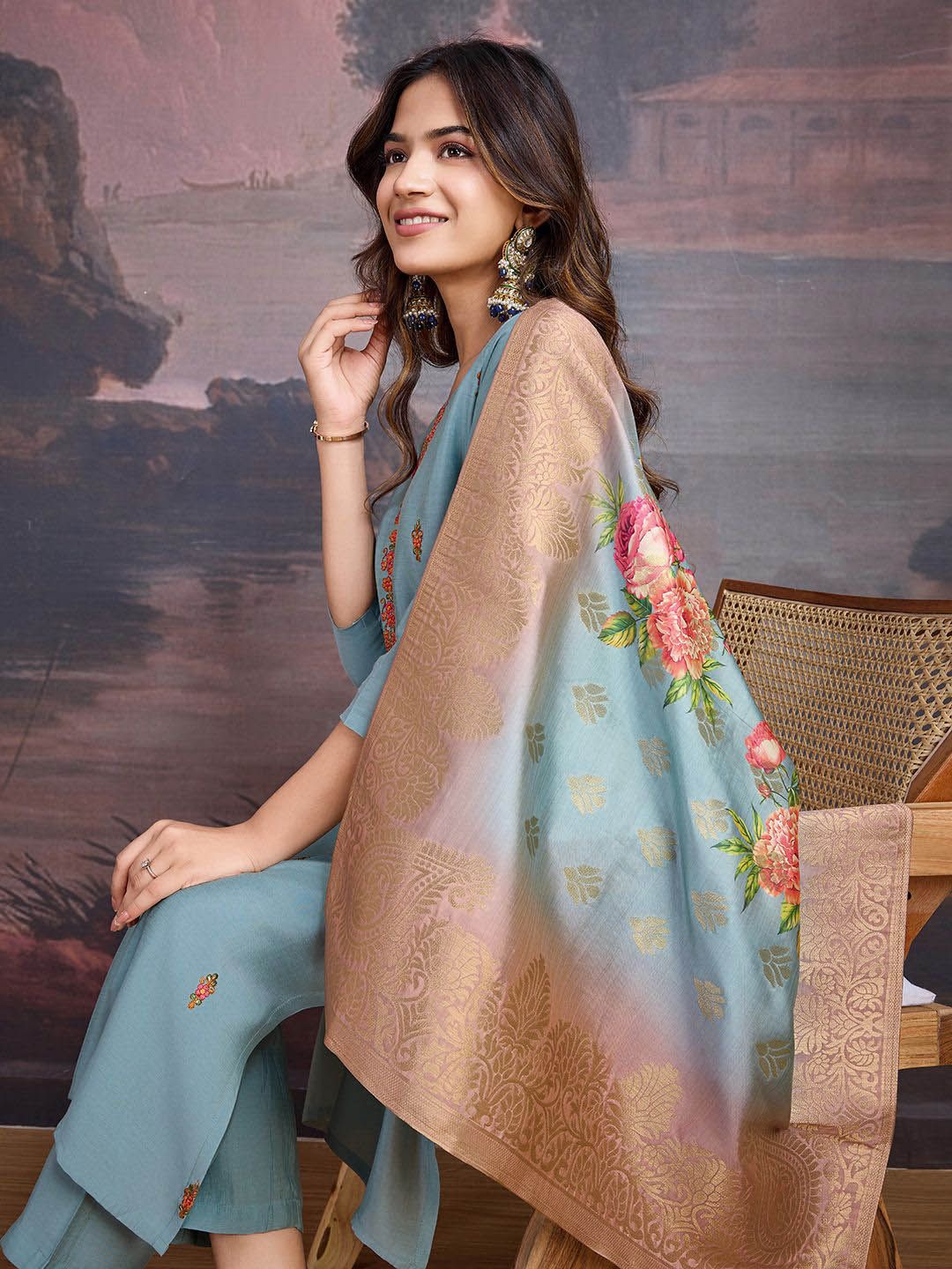 Dhiyona PD Women Floral Embroidered Kurta With Trouser & Dupatta