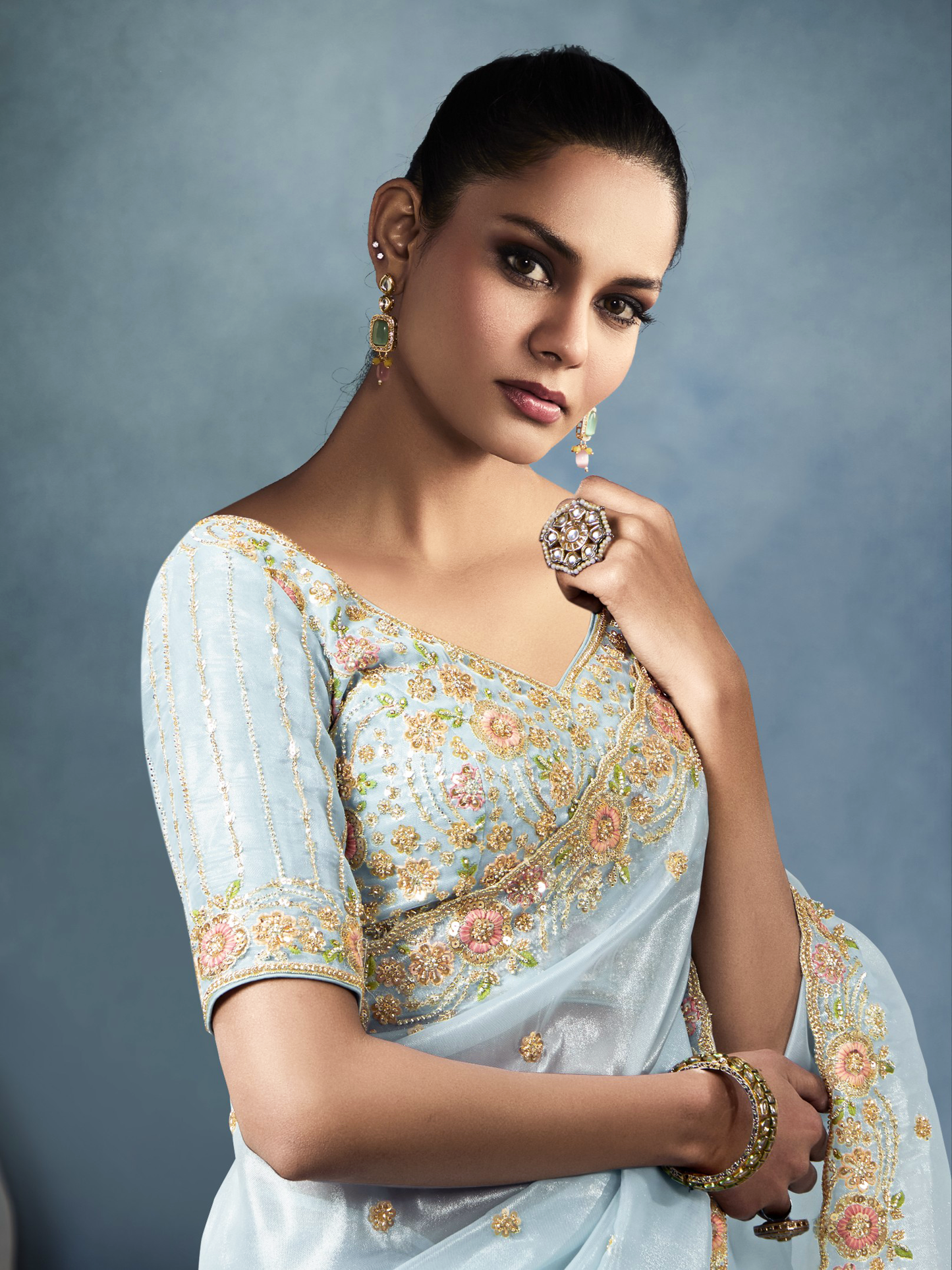 Dhiyona KM Women Sky Blue Tissue Embroidered Fancy Heavy Border Saree