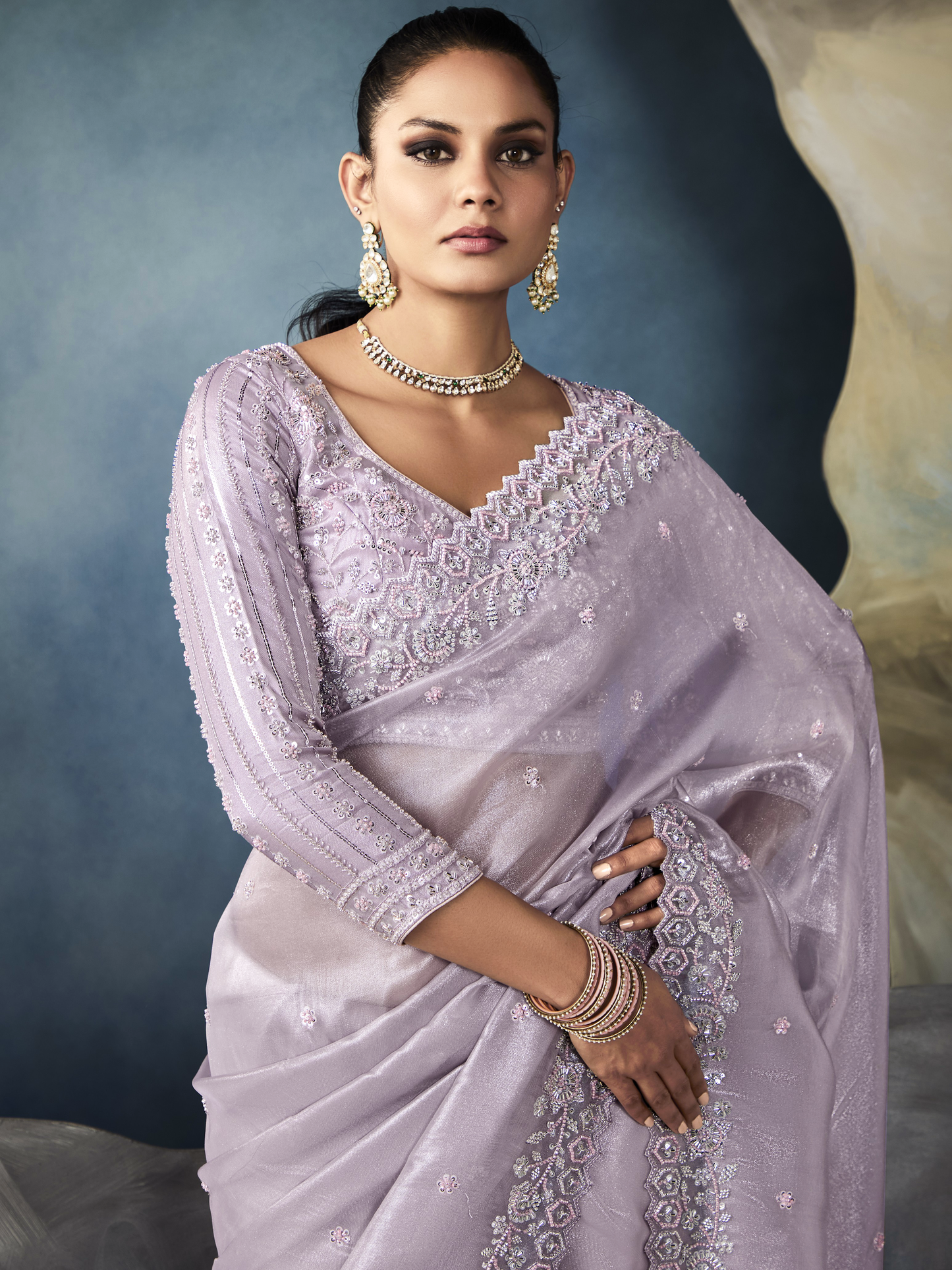 Dhiyona KM Women Tissue Embroidered Fancy Heavy Border Saree