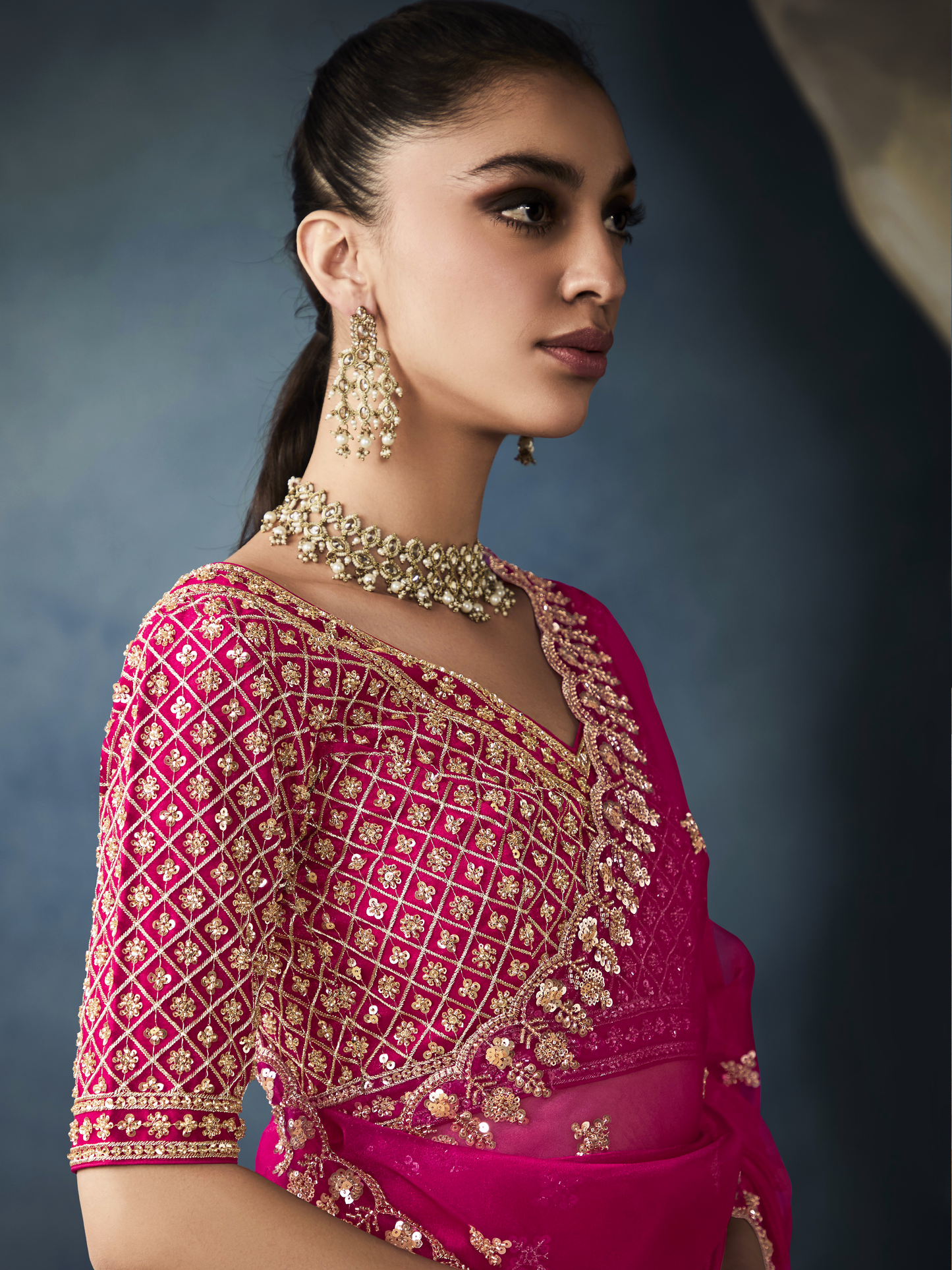 Dhiyona KM Women Pink Tissue Embroidered Fancy Heavy Border Saree