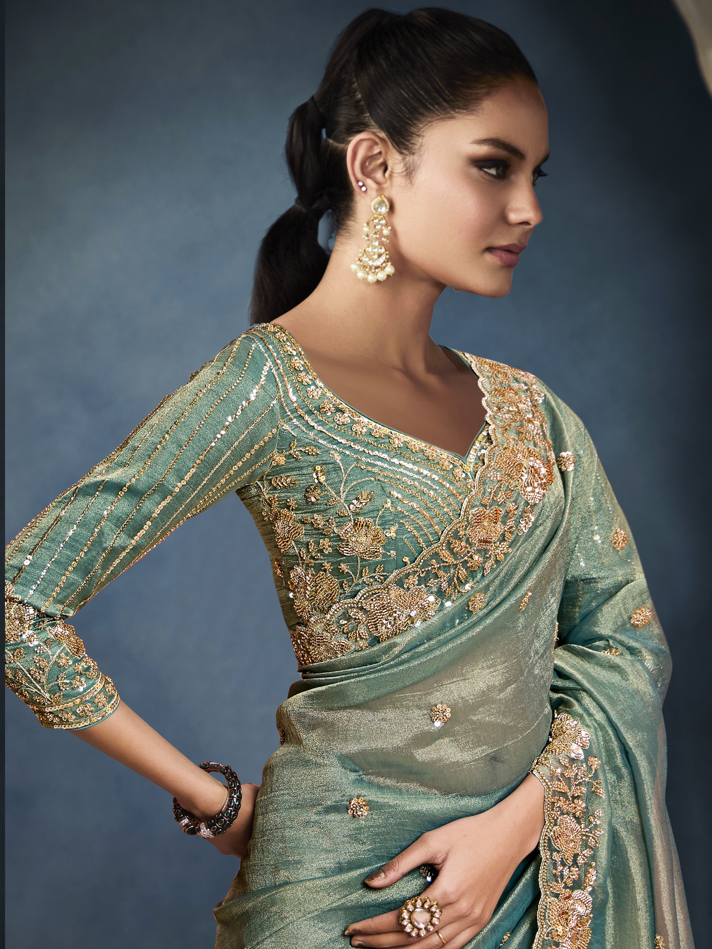Dhiyona KM Women Sea Green Tissue Embroidered Fancy Heavy Border Saree
