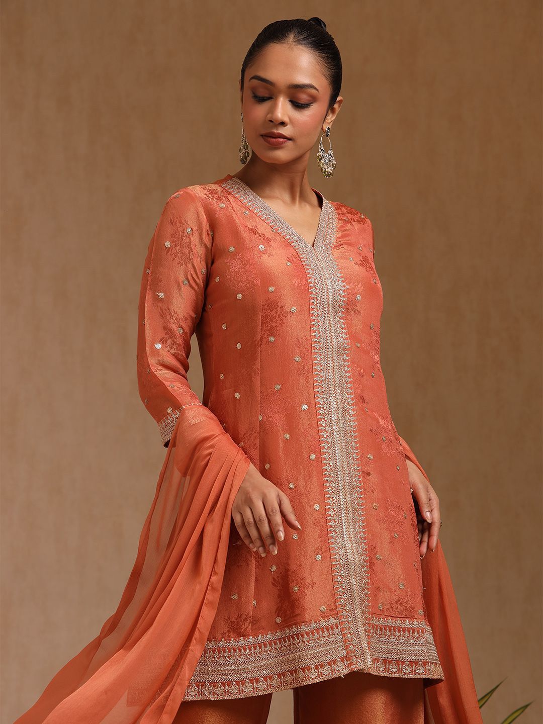 Dhiyona SO Women's Embroidered Woven Design Sequinned A-Line Kurta with Palazzos & Dupatta