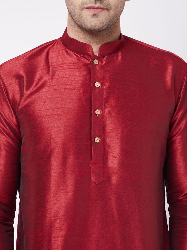 Men's Maroon Silk Blend Straight Kurta and Dhoti Set
