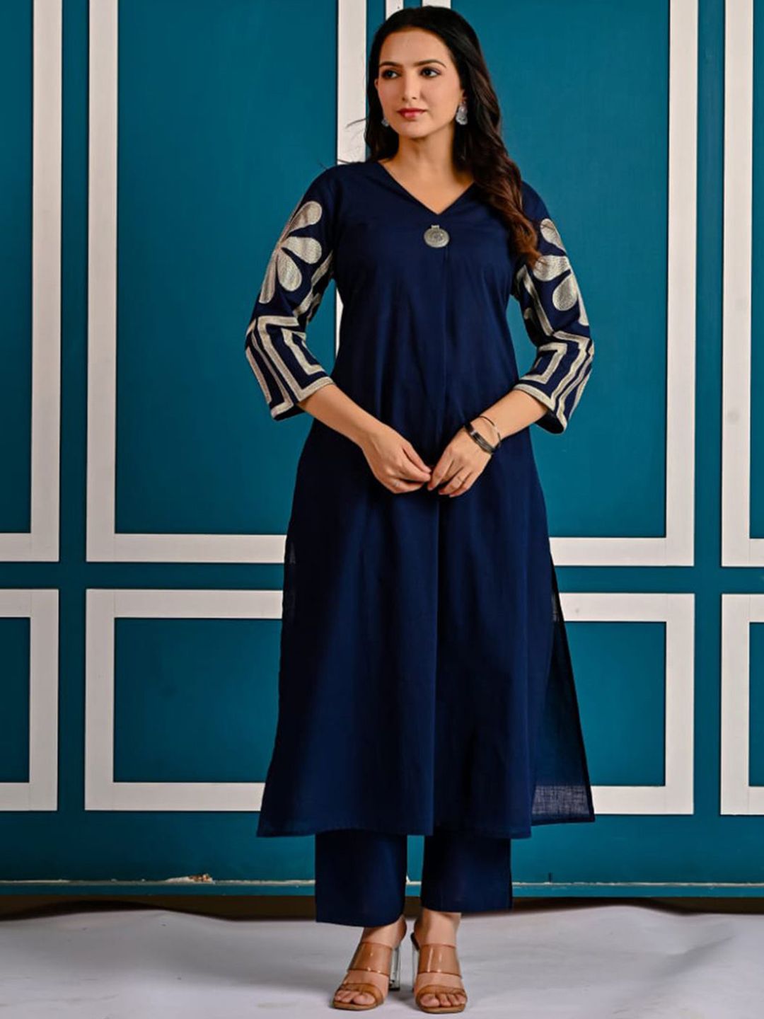 Dhiyona IE Embroidered Pure Cotton V-Neck Top With Trousers Co-Ords