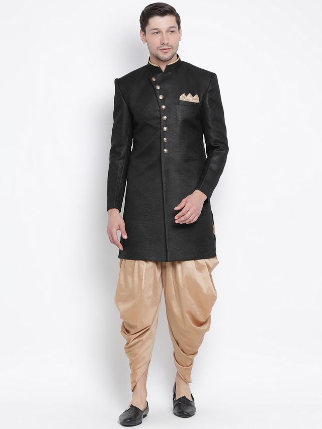 Men's Black Polyester Lurex Blend Straight Sherwani Set