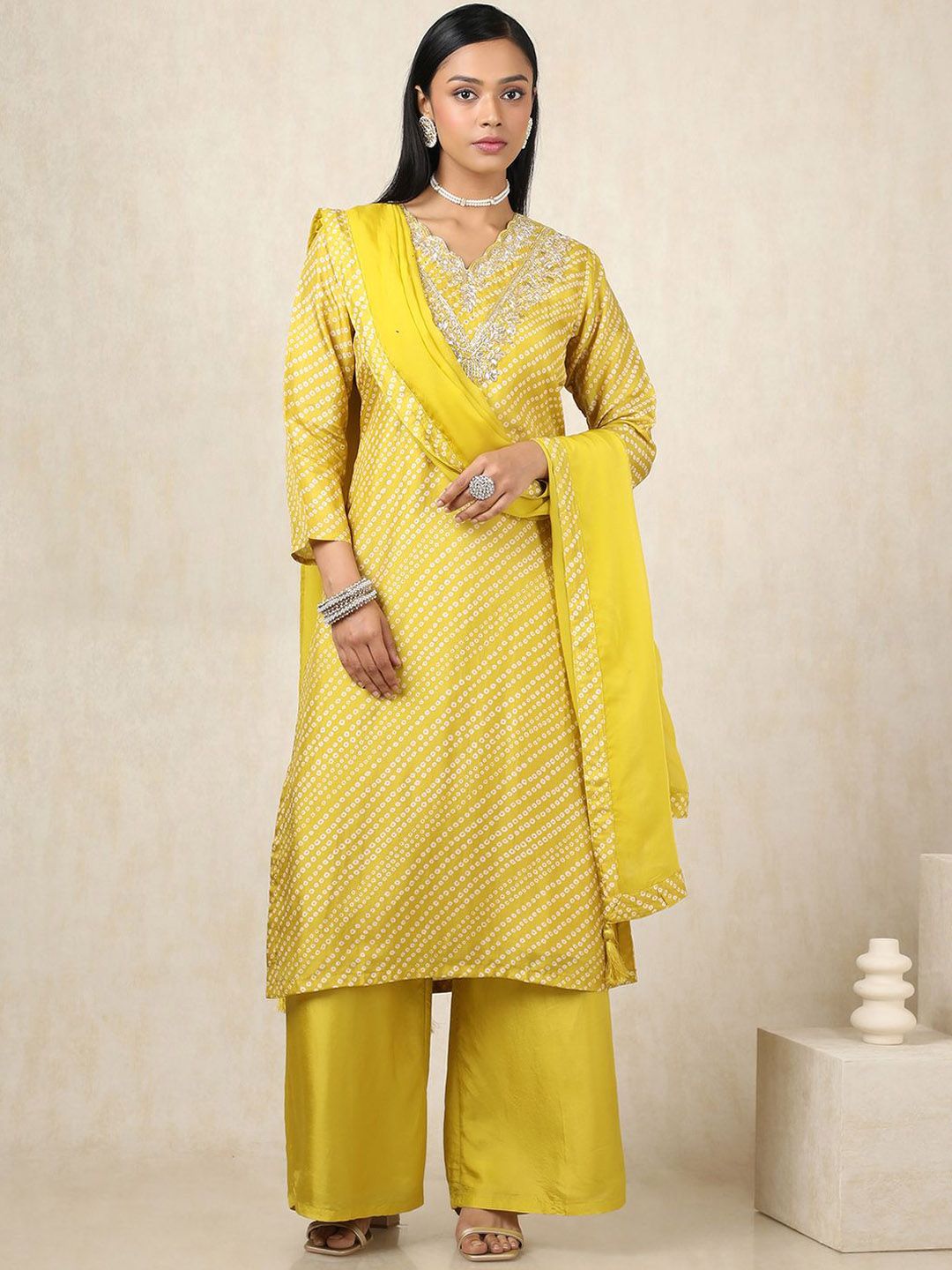 Dhiyona SO Women's Bandhani Printed Sequinned Straight Kurta With Palazzos & Dupatta