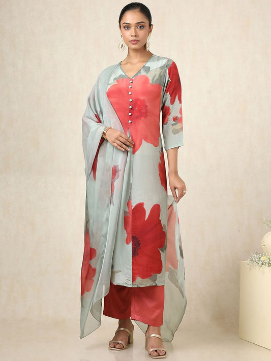 Dhiyona SO Women's Floral Botanical Printed Pleated V-Neck A-Line Kurta With Trousers And Dupatta